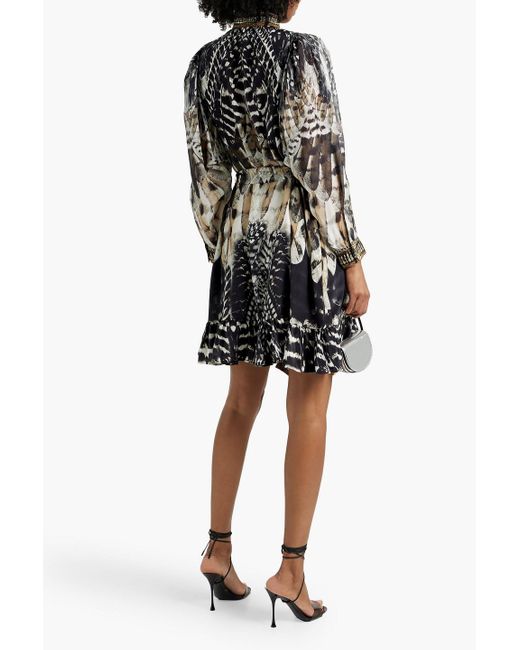Camilla Black Crystal-embellished Printed Silk Crepe De Chine And Chiffon Mini Dress
