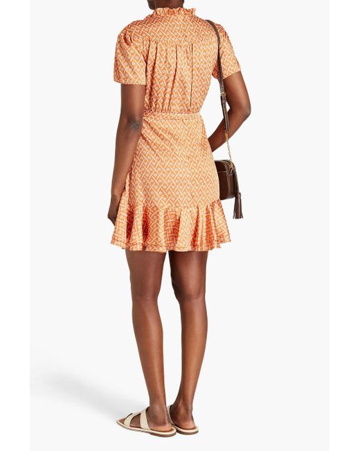 Sandro Orange Suzen Ruffled Printed Satin-twill Mini Dress