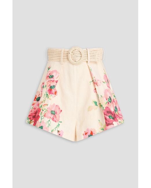 Zimmermann Pink Belted Floral-Print Linen Shorts