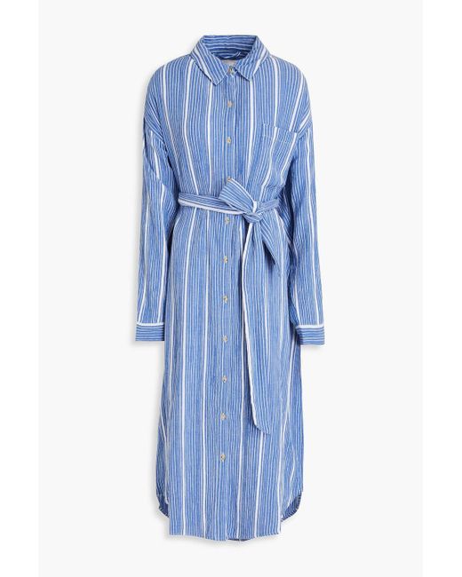 Mara Hoffman Blue Sylvia Belted Striped Cotton-gauze Shirt Dress