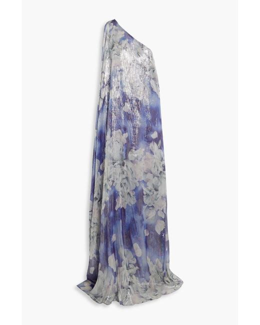 Halston Heritage Blue Madeline One-shoulder Metallic Floral-print Silk-blend Gown
