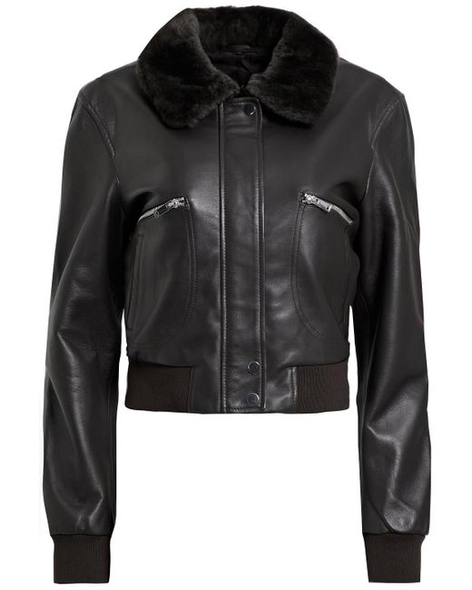 Maje Shearling-trimmed Leather Bomber Jacket in Brown (Black) | Lyst