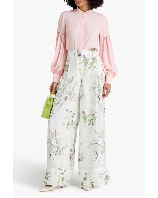 Erdem White Floral-Print Silk-Twill Wide-Leg Pants