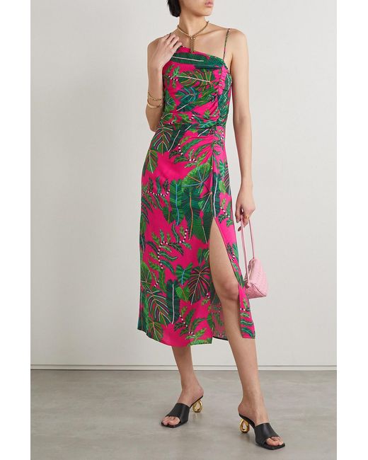 Farm Rio White Gathered Printed Crepe Midi Dress