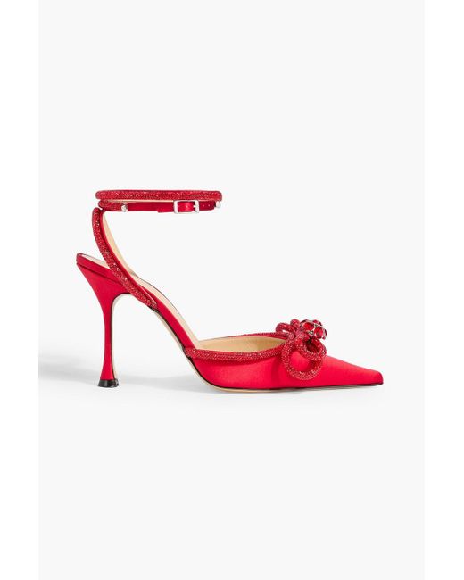 Mach & Mach Red Double Bow Crystal-Embellished Satin Pumps
