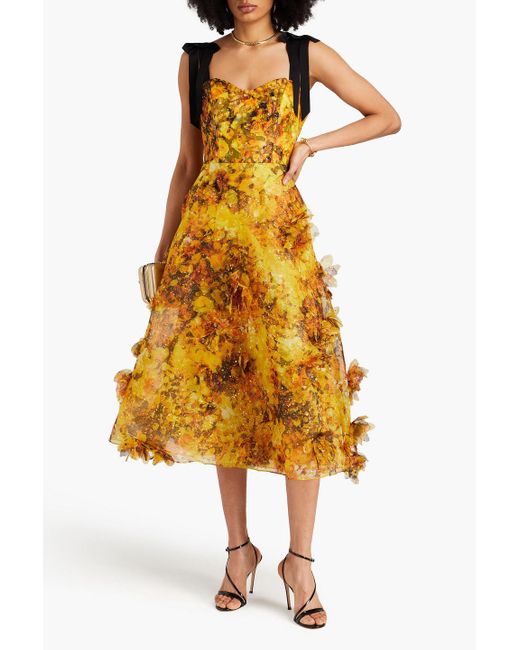 Marchesa Yellow Metallic Floral-print Chiffon Midi Dress