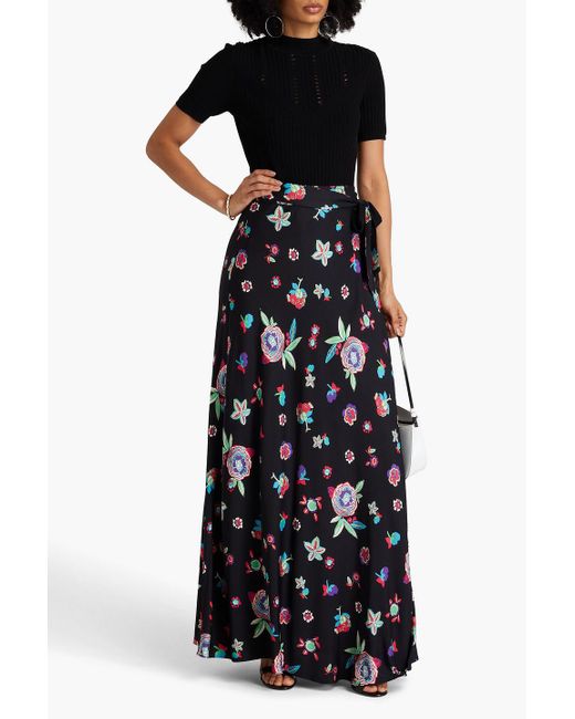 Diane von Furstenberg Black Krisa Floral-print Crepe De Chine Maxi Wrap Skirt