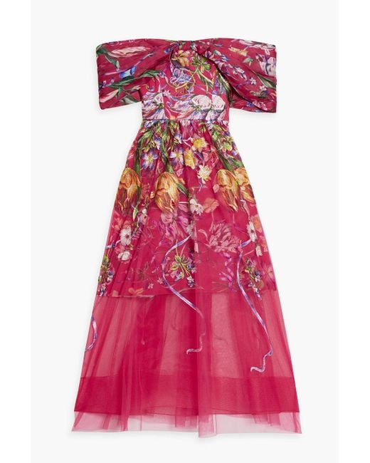 Marchesa Off-the-shoulder Embroidered Charmeuse And Tulle Midi Dress