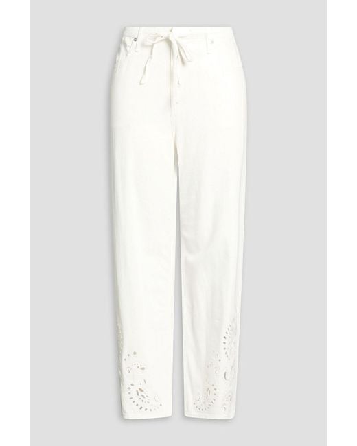 Rag & Bone White Phoebe Broderie Anglaise-Trimmed Mid-Rise Wide-Leg Jeans