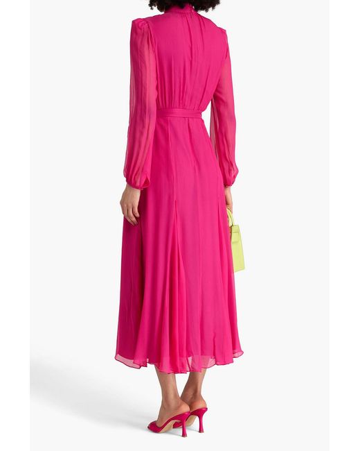 Saloni Pink Jacqui Belted Silk-Blend Crepon Maxi Dress