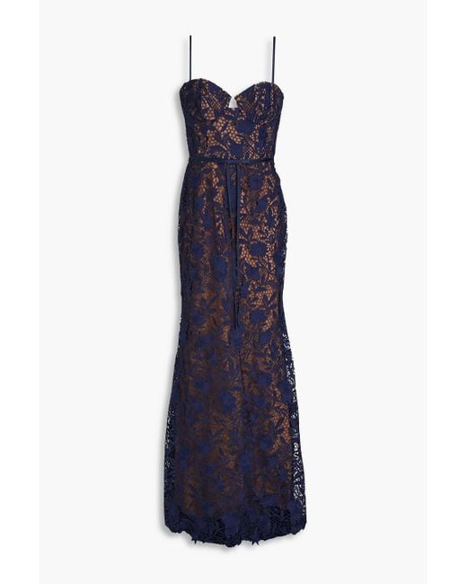 Marchesa Blue Satin-trimmed Guipure Lace And Tulle Gown
