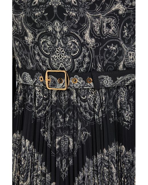 Zimmermann Black Belted Printed Crepe De Chine Midi Dress