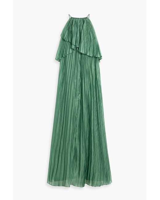 Badgley Mischka Green Pleated Crinkled-Habotai Gown