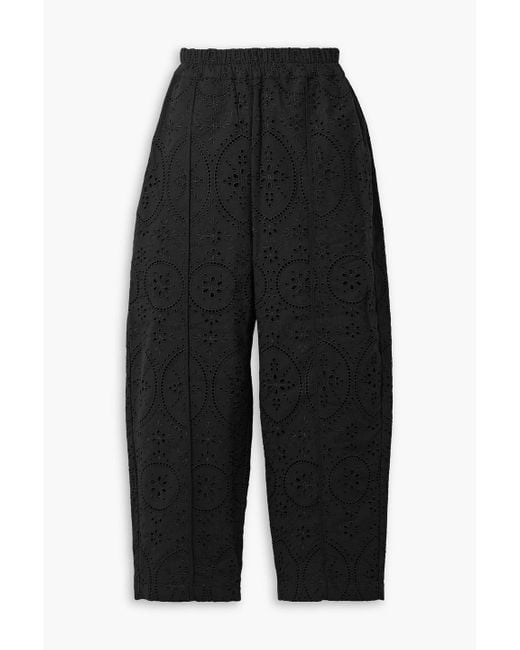 Charo Ruiz Black Lya Cropped Broderie Anglaise Cotton-blend Wide-leg Pants