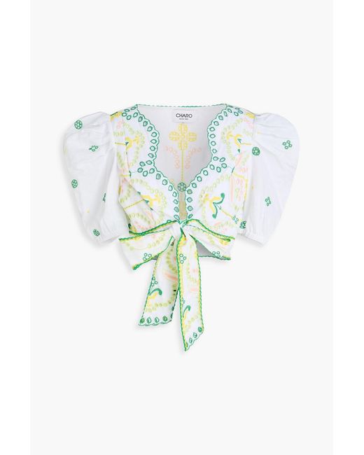Charo Ruiz Blue Motta Cropped Embroidered Cotton-Blend Top