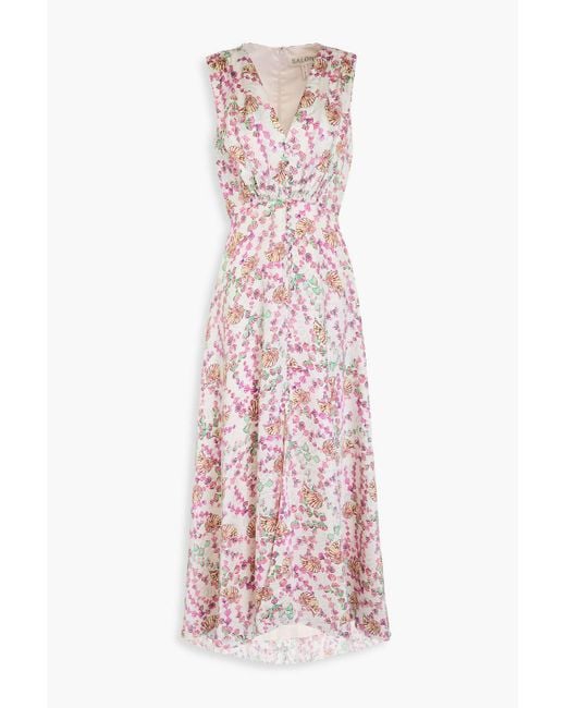 Saloni Pink Lea Printed Hammered Silk-satin Maxi Dress