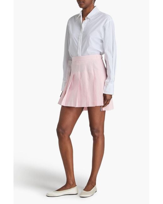 Thom Browne Pink Pleated Striped Cotton-Seersucker Mini Skirt