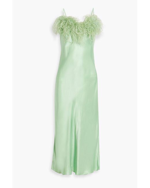 Sleeper Green Boheme Feather-trimmed Satin Midi Slip Dress