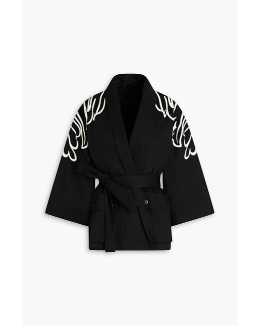 RED Valentino Black Belted Embroidered Cotton-Twill Kimono