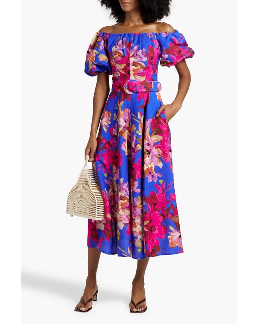 Nicholas Blue Off-the-shoulder Floral-print Linen-blend Midi Dress