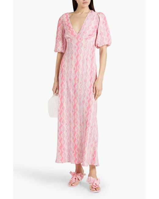 Rixo Pink Steph Gathered Printed Crepe Midi Dress