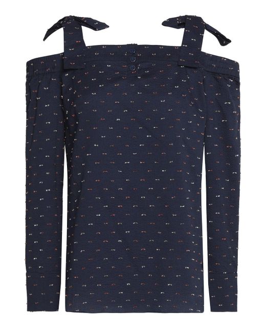 Saloni Blue Cold-Shoulder Fil Coupé Cotton-Blend Seersucker Top