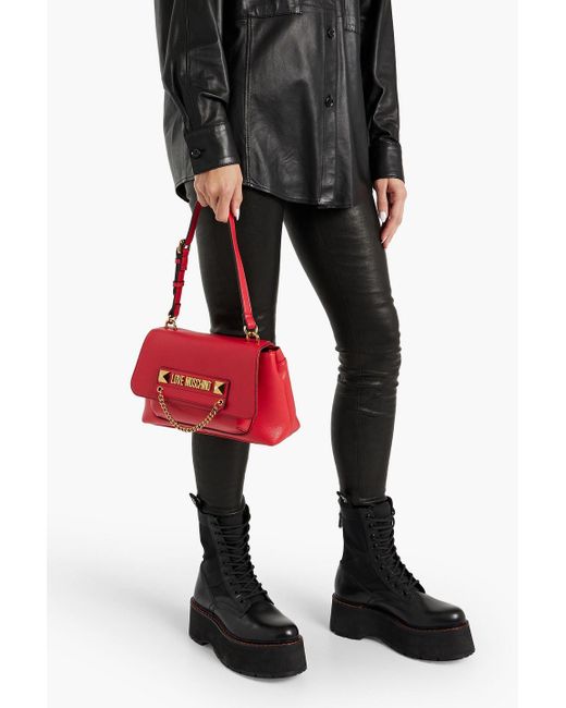 Love Moschino Red Embellished Faux Pebbled Leather Shoulder Bag
