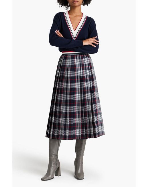 Thom Browne Blue Pleated Checked Wool Midi Skirt