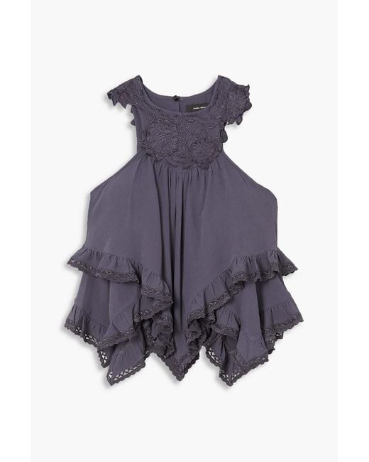 Isabel Marant Purple Lupita Asymmetric Crochet-Trimmed Embroidered Crepe Top