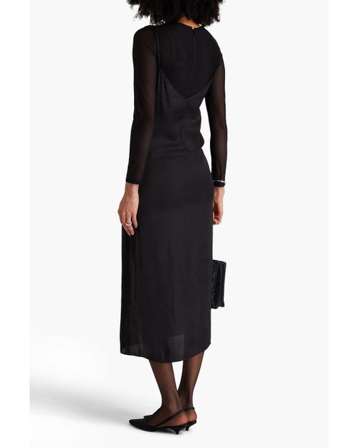 Maje Black Lace-Trimmed Satin Midi Slip Dress