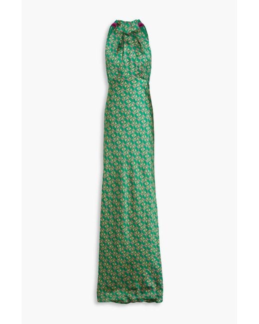 Saloni Green Michelle Printed Silk-satin Halterneck Maxi Dress