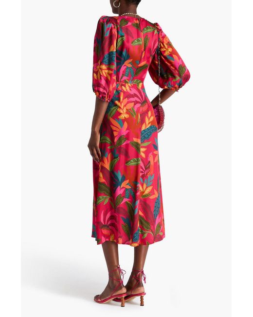 Farm Rio Red Cutout Printed Satin Midi Dress