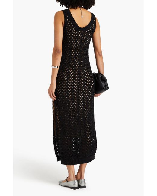 Brunello Cucinelli Black Sequin-embellished Open-knit Cotton, Linen And Silk-blend Midi Dress