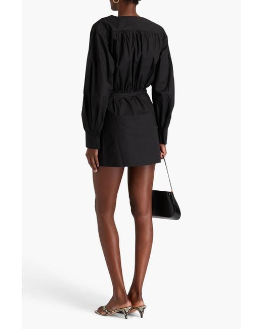 FRAME Black Wrap-effect Gathered Cotton-poplin Mini Dress