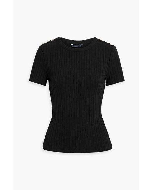 Veronica Beard Black Draya Embellished Ribbed Cotton-Blend Top