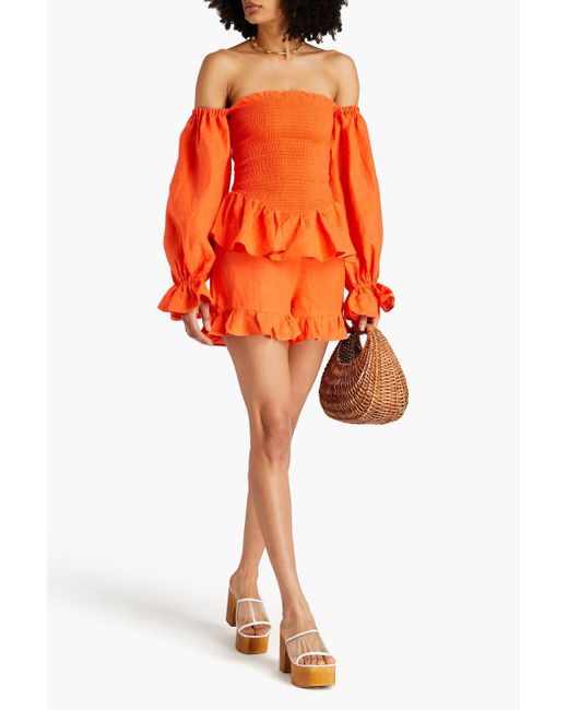 Sleeper Orange Atlanta Off-The-Shoulder Ruffled Linen Mini Dress
