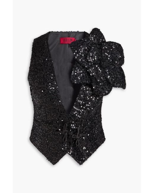LEO LIN Black Anna Mary Sequined Floral-Appliquéd Tweed Vest