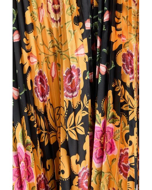 Farm Rio Metallic Pleated Floral-Print Satin Maxi Slip Dress