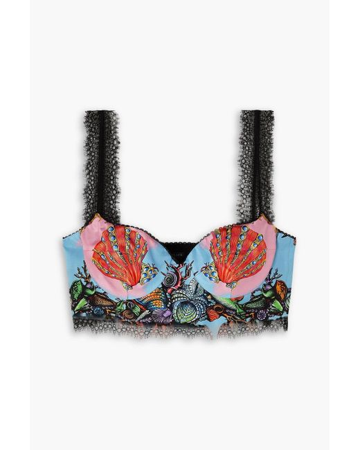 Versace White Cropped Printed Silk-satin And Lace Bra Top