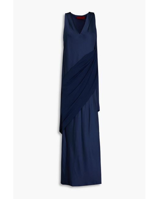 Halston Women's Blue Cyra Draped Crepe-satin Paneled Crepe Gown Halston Women's Blue Cyra Draped Crepe-satin Paneled Crepe Gown