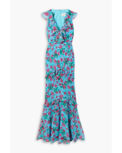 Saloni Blue Rita Ruffled Floral-print Silk-voile Maxi Dress