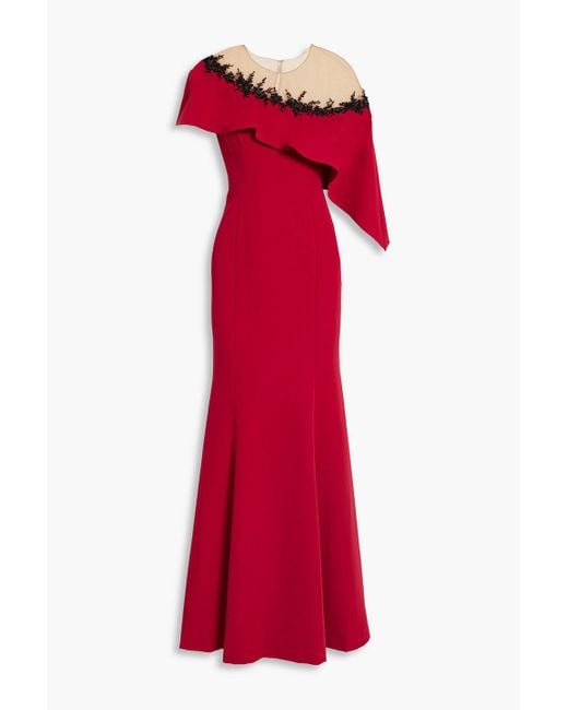 Marchesa Red Embellished Draped Tulle And Crepe Gown