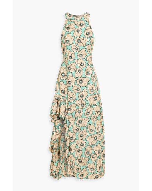 Agua Bendita White Gerbera Botanico Celeste Ruffled Floral-print Jacquard Maxi Dress