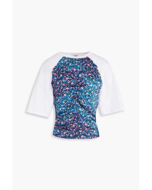 Sandro Blue Ruched Floral-print Satin-paneled Cotton-jersey T-shirt