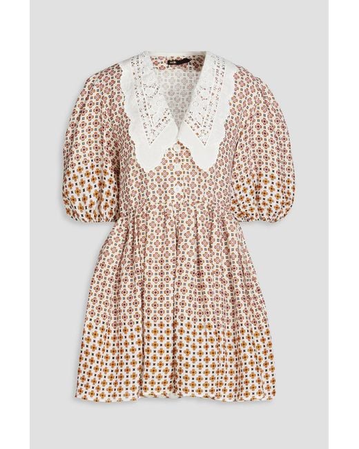 Maje Natural Guipure Lace-trimmed Printed Linen Mini Dress