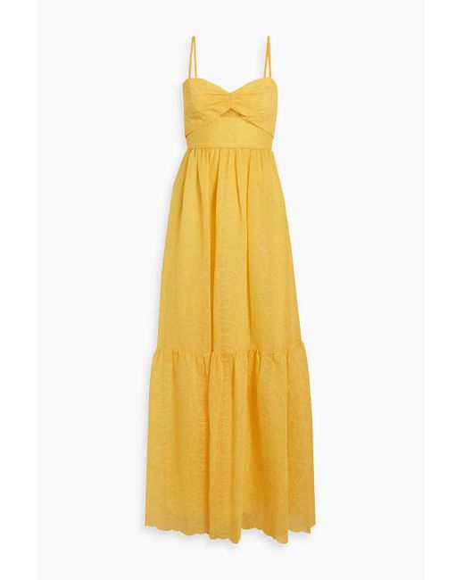 ML Monique Lhuillier Yellow Gathered Cutout Broderie Anglaise Maxi Dress