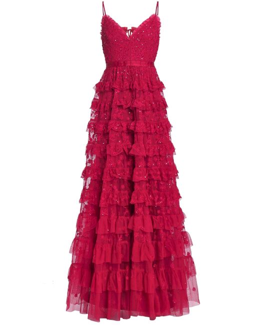 Needle & Thread Marie Tiered Embellished Tulle Gown Crimson
