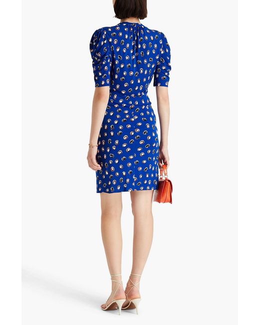 Diane von Furstenberg Blue Duncan Ruched Printed Jersey Mini Dress