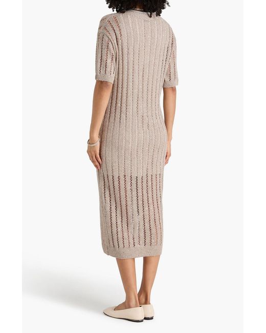 Brunello Cucinelli White Sequin-Embellished Crochet-Knit Linen-Blend Midi Dress
