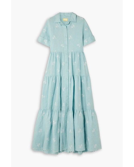 Erdem Blue Helena Tiered Embroidered Linen Maxi Shirt Dress